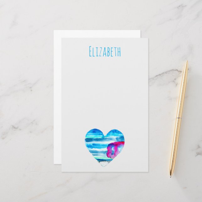 Blue watercolor heart stationery (Front/Back In Situ)