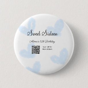 Blue watercolor hearts QR  Sweet sixteen birthday  6 Cm Round Badge