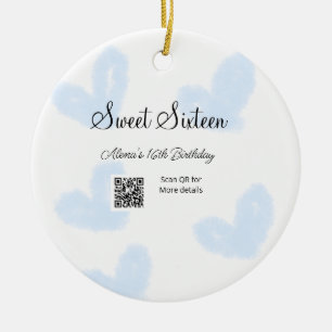 Blue watercolor hearts QR Sweet sixteen birthday Ceramic Ornament