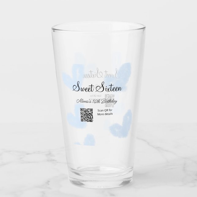Blue watercolor hearts QR  Sweet sixteen birthday  Glass (Front)