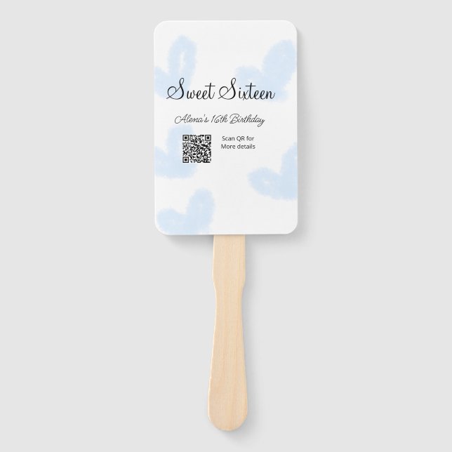 Blue watercolor hearts QR  Sweet sixteen birthday  Hand Fan (Front)