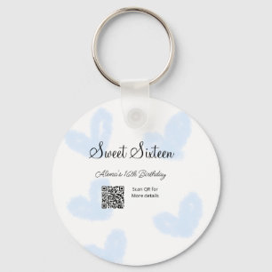 Blue watercolor hearts QR Sweet sixteen birthday Key Ring