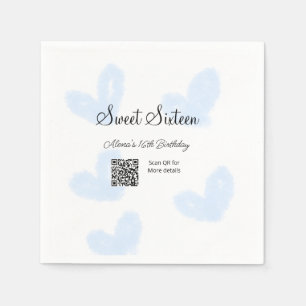 Blue watercolor hearts QR Sweet sixteen birthday Napkin