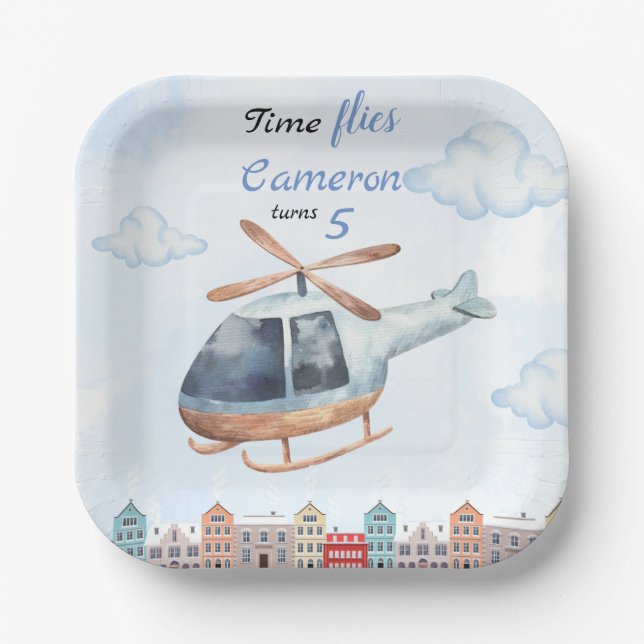 Blue Watercolor Helicopter City  Paper Plate (Front)