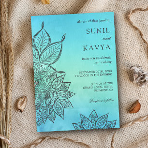 Blue Watercolor Henna Indian Wedding Invitation