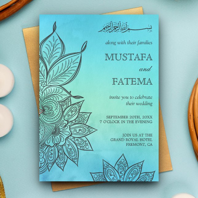 Blue Watercolor Henna Islamic Wedding Invitation (Creator Uploaded)