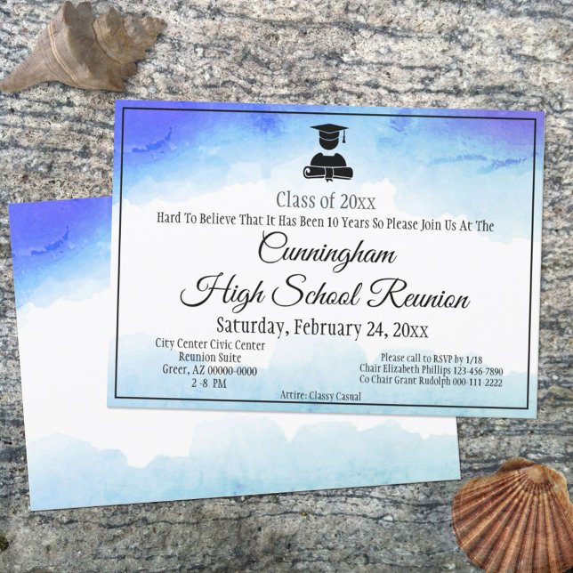 Blue Watercolor High School Class Reunion Custom Invitation (Creator Uploaded)