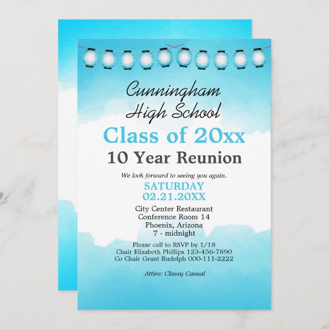 Blue Watercolor High School Class Reunion Template (Front/Back)