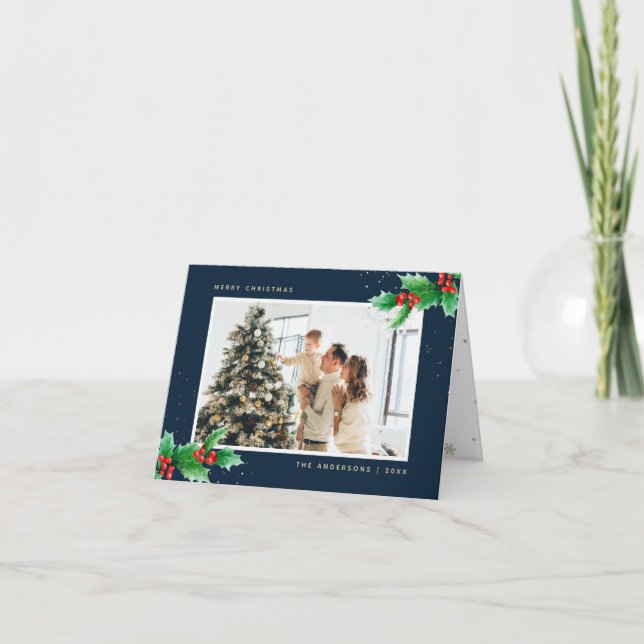 Blue Watercolor Holly Berries Photo Christmas Holiday Card (Front)