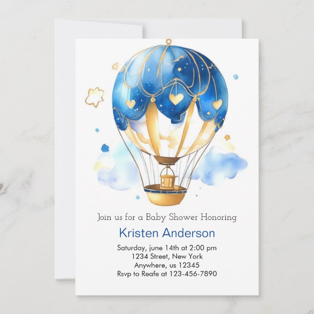 Blue Watercolor Hot Air Balloon Boy Baby Shower Invitation (Front)