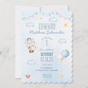 Blue Watercolor Hot Air Balloon Bunny Birthday Invitation