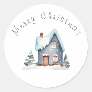 Blue Watercolor House Christmas Classic Round Sticker