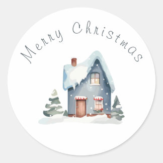 Blue Watercolor House Christmas  Classic Round Sticker