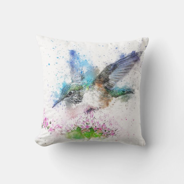 Blue Watercolor Hummingbird Pillow (Front)