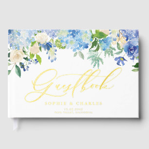 Blue Watercolor Hydrangea and Ivory Rose Wedding Guest Book