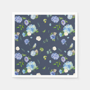 Blue Watercolor Hydrangea and Rose Floral Pattern Napkin