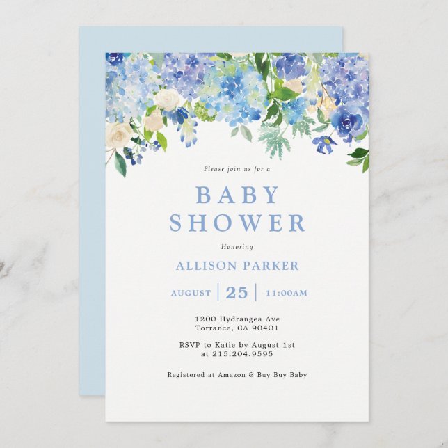 Blue Watercolor hydrangea Baby Shower Invitation (Front/Back)