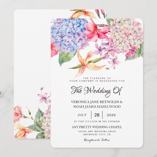 Blue Watercolor Hydrangea Floral wedding Invitation (Front/Back)