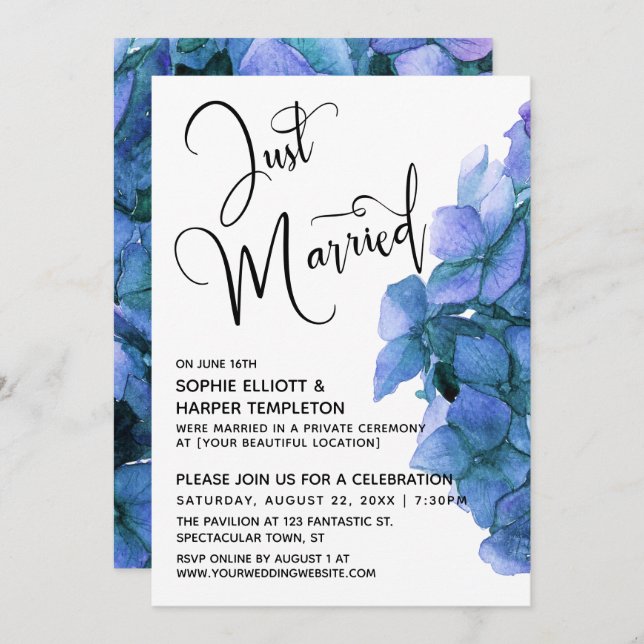 Blue Watercolor Hydrangea Just Married Reception Invitation (Front/Back)