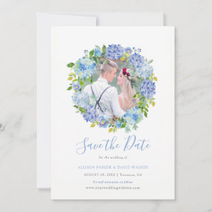 Blue Watercolor hydrangea Photo Save the Date Card
