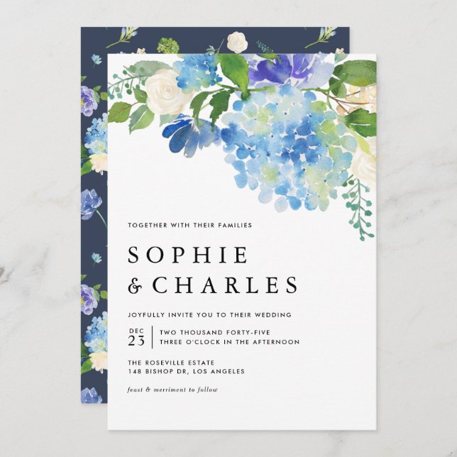 Blue Watercolor Hydrangea Winter Floral Wedding Invitation (Front/Back)