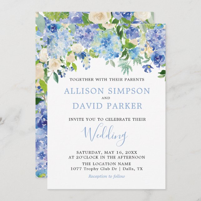 Blue Watercolor Hydrangeas Floral Wedding Cards (Front/Back)