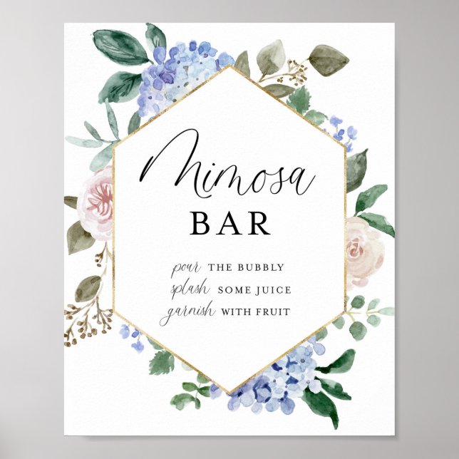 Blue Watercolor Hydrangeas Gold Frame Mimosa Bar Poster (Front)