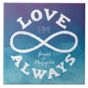 Blue Watercolor Infinity Love Wedding Date, Names Ceramic Tile