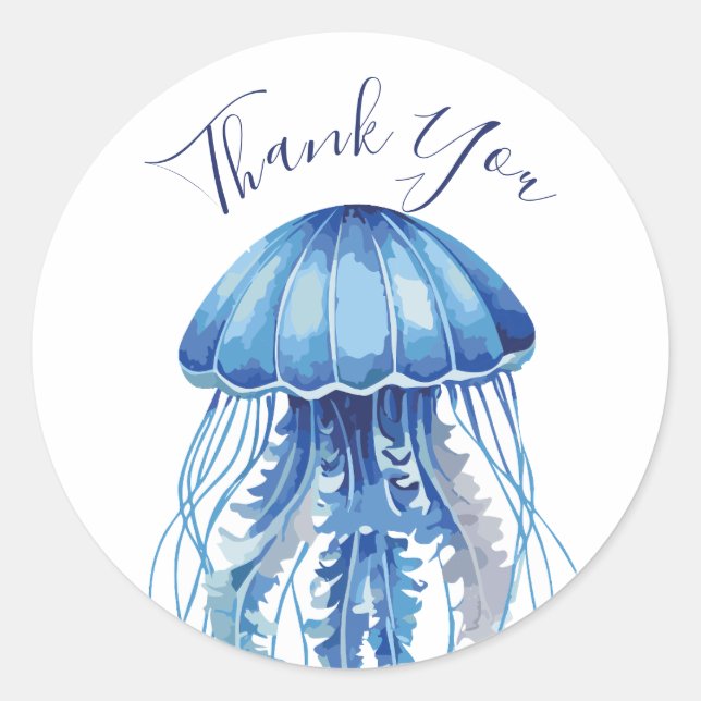 Blue Watercolor Jellyfish Thank You Classic Round Sticker (Front)