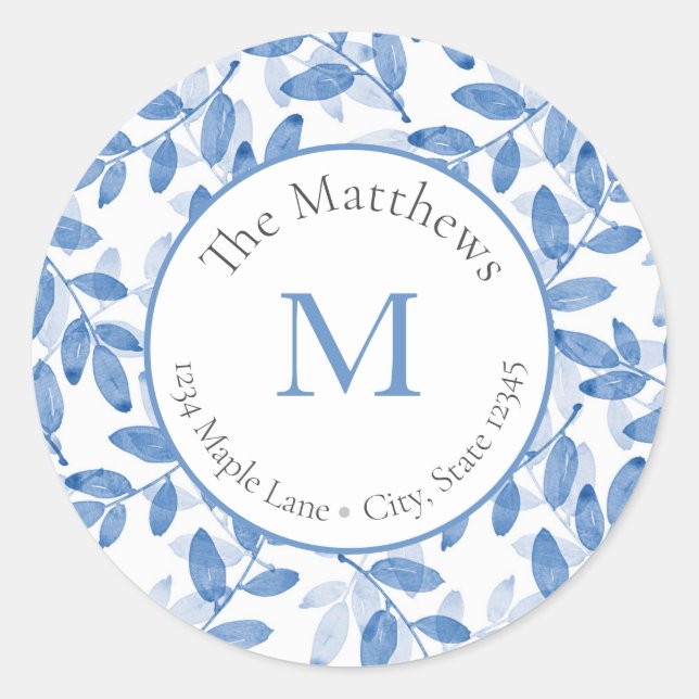 Blue Watercolor Layered Leaves Pattern labels (Front)