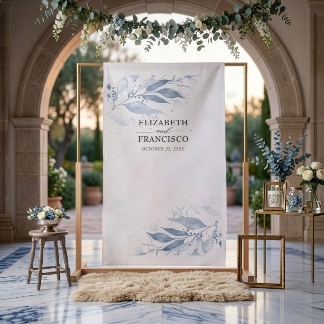 Blue Watercolor Leaf Wedding Photo Booth Backdrop (Creator Uploaded)