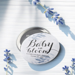 Blue Watercolor Leaves Baby Shower Baby in Bloom 7.5 Cm Round Badge