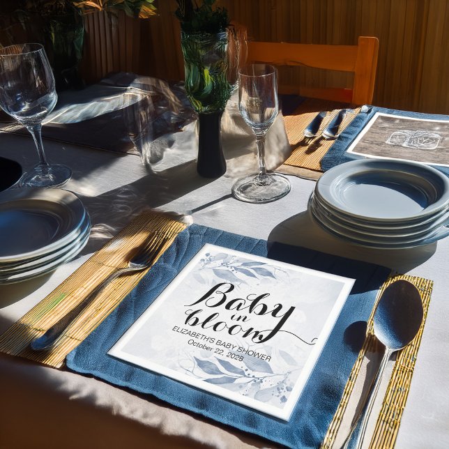 Blue Watercolor Leaves Baby Shower Baby in Bloom Napkin (Creator Uploaded)