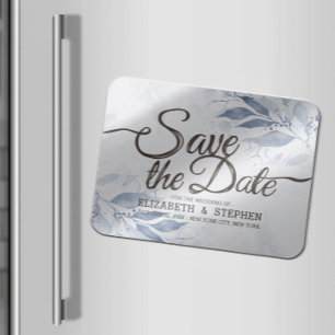 Blue Watercolor Leaves Chic Wedding Save The Date Magnet