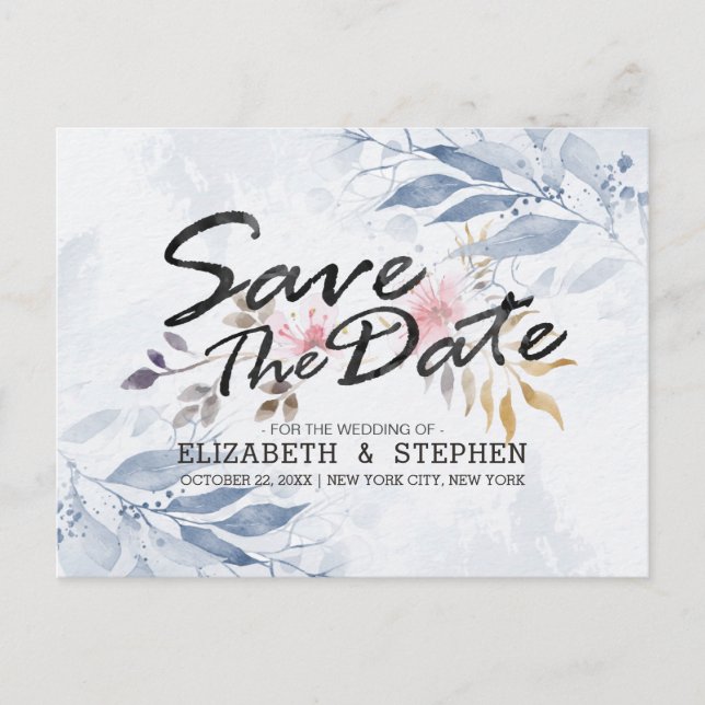 Blue Watercolor Leaves Chic Wedding Save The Date Postcard (Front)
