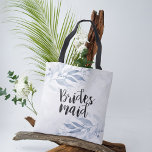 Blue Watercolor Leaves Elegant Wedding Bridesmaid Tote Bag<br><div class="desc">Bridesmaid Wedding Tote Bag Templates - Vintage Blue Watercolor Leaves and Handwritten Script on Watercolor Splash Background.
A Perfect Design for your Big Day. All text style,  colours,  sizes can be modified to fit your needs!</div>