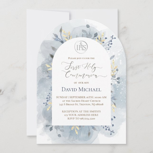  blue watercolor leaves First Holy Communion  Invitation (Front)