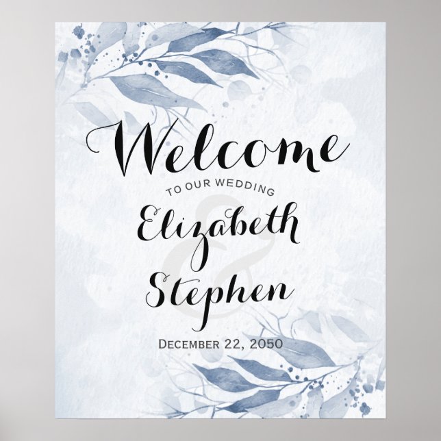 Blue Watercolor Leaves Flower Chic Wedding Welcome Poster (Front)