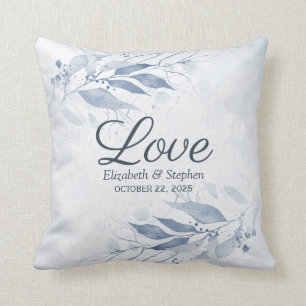 Blue Watercolor Leaves Flowers Botanical Wedding Cushion