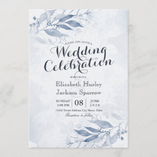 Blue Watercolor Leaves Flowers Botanical Wedding Invitation