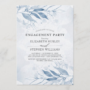 Blue Watercolor Leaves Flowers Engagement Party Invitation