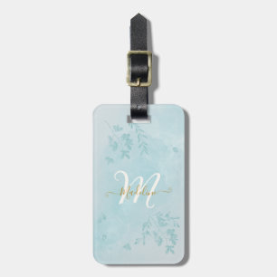 Blue Watercolor Leaves Name Monogram Luggage Tag