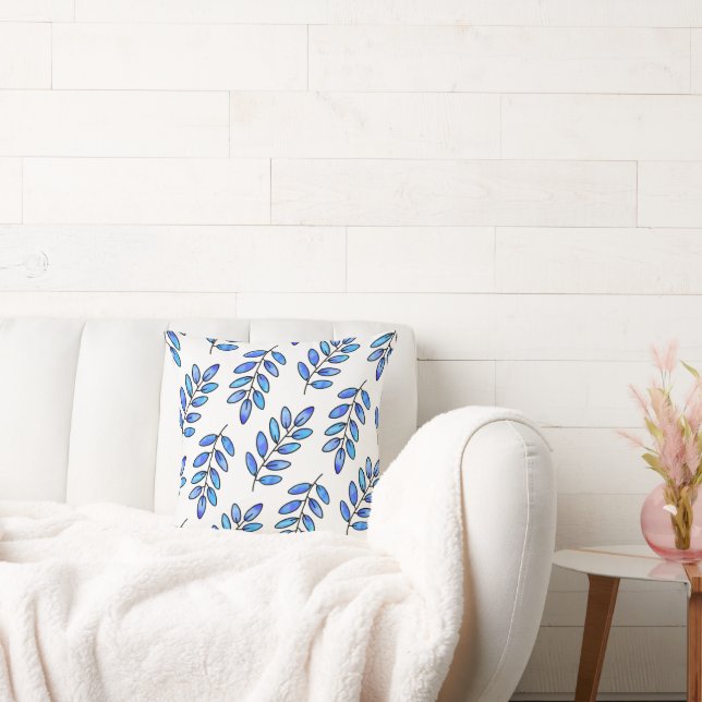 Blue Watercolor Leaves Pattern Cushion (Couch)