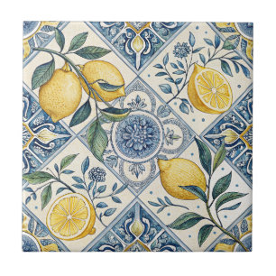 Blue Watercolor Lemon Ceramic Tile