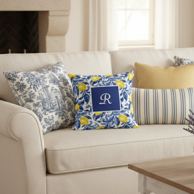 Blue Watercolor Lemon Pattern Monogram Cushion (Creator Uploaded)