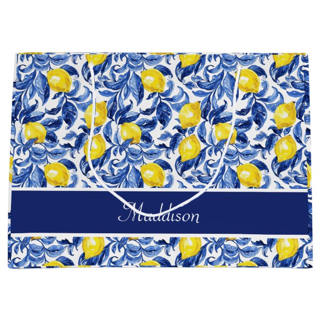 Blue Watercolor Lemon Pattern Monogram Name Large Gift Bag (Front)