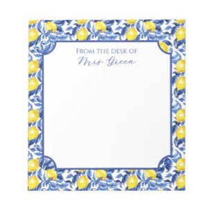 Blue Watercolor Lemon Pattern Monogram Name Notepad