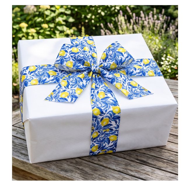 Blue Watercolor Lemon Pattern Ribbon Satin Ribbon (Creator Uploaded)