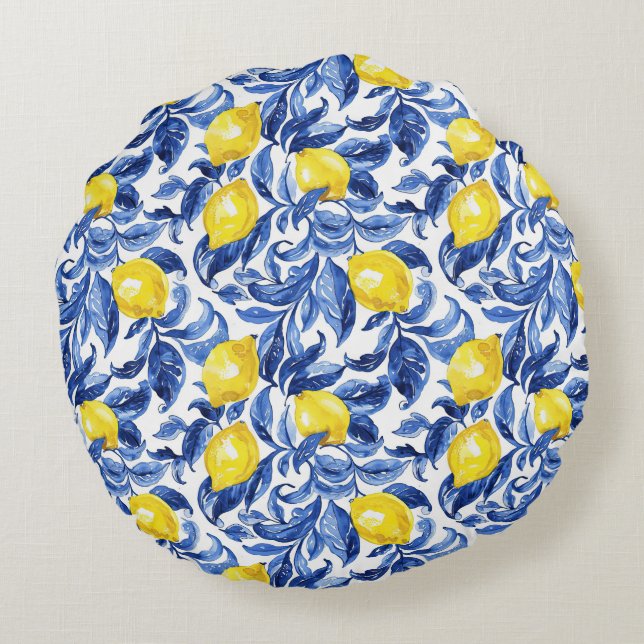 Blue Watercolor Lemon Pattern  Round Cushion (Back)