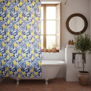 Blue Watercolor Lemon Pattern  Shower Curtain